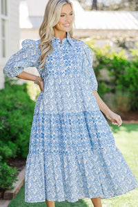 Love Found Blue Printed Tiered Midi Dress