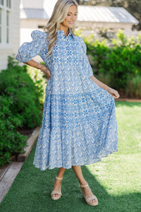 Love Found Blue Printed Tiered Midi Dress