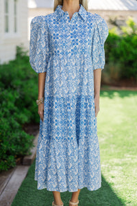 Love Found Blue Printed Tiered Midi Dress