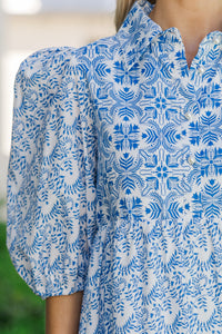 Love Found Blue Printed Tiered Midi Dress