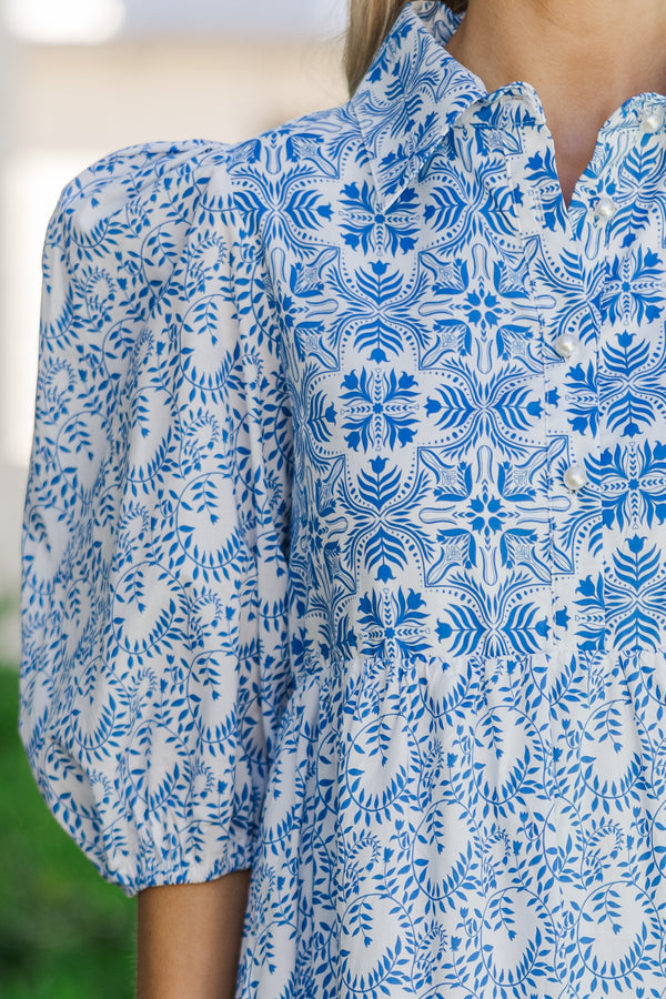 Love Found Blue Printed Tiered Midi Dress