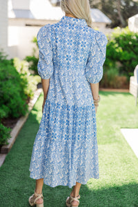 Love Found Blue Printed Tiered Midi Dress