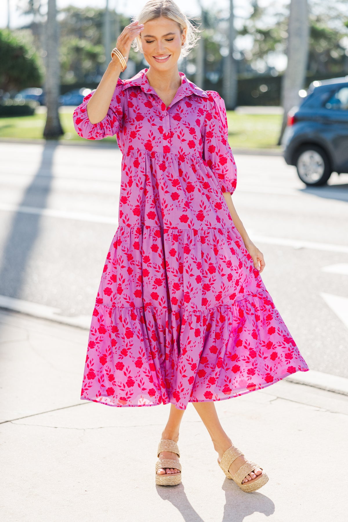 Love Found Fuchsia Pink Floral Tiered Midi Dress – Shop the Mint