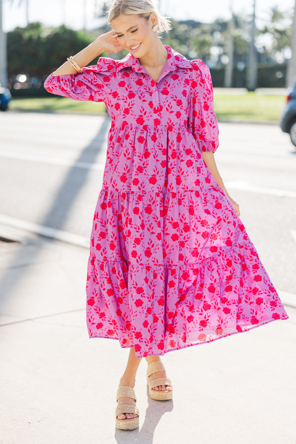 Love Found Fuchsia Pink Floral Tiered Midi Dress, Small - The Mint Julep Boutique | Women's Boutique Clothing Love Found Fuchsia Pink Floral Tiered Midi Dress, Small - The Mint Julep Boutique | Women's Boutique Clothing