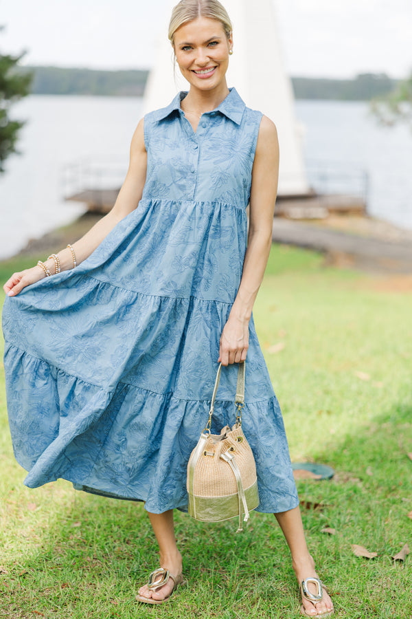 Stay For The Day Blue Embroidered Midi Dress Shop the Mint Stay For The Day Blue Embroidered Midi Dress Shop the Mint
