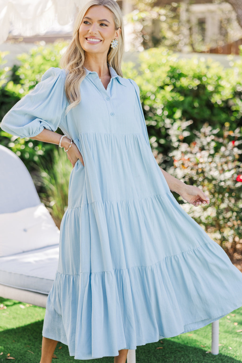 Love Found Light Blue Linen Tiered Midi Dress