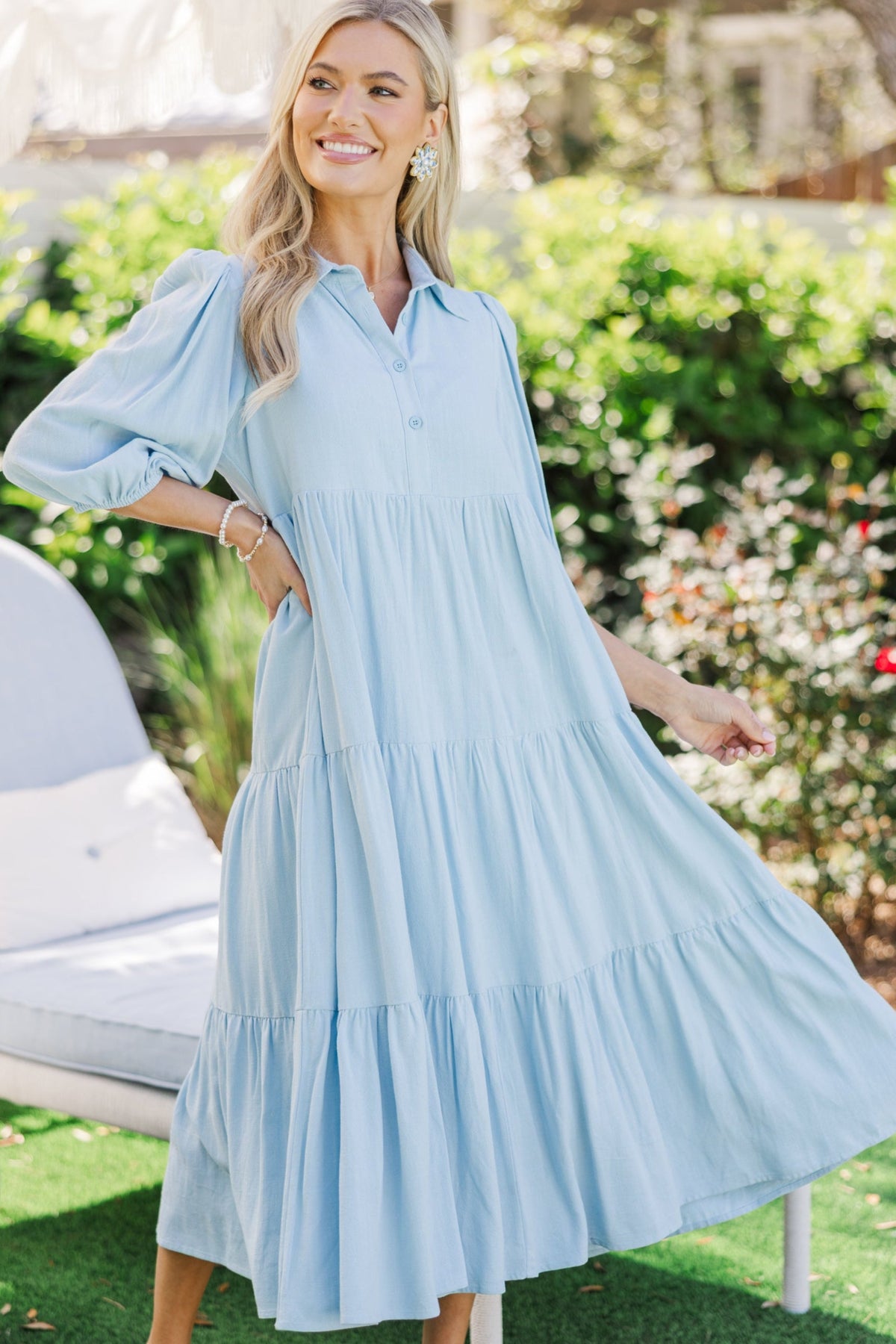 Love Found Light Blue Linen Tiered Midi Dress – Shop the Mint