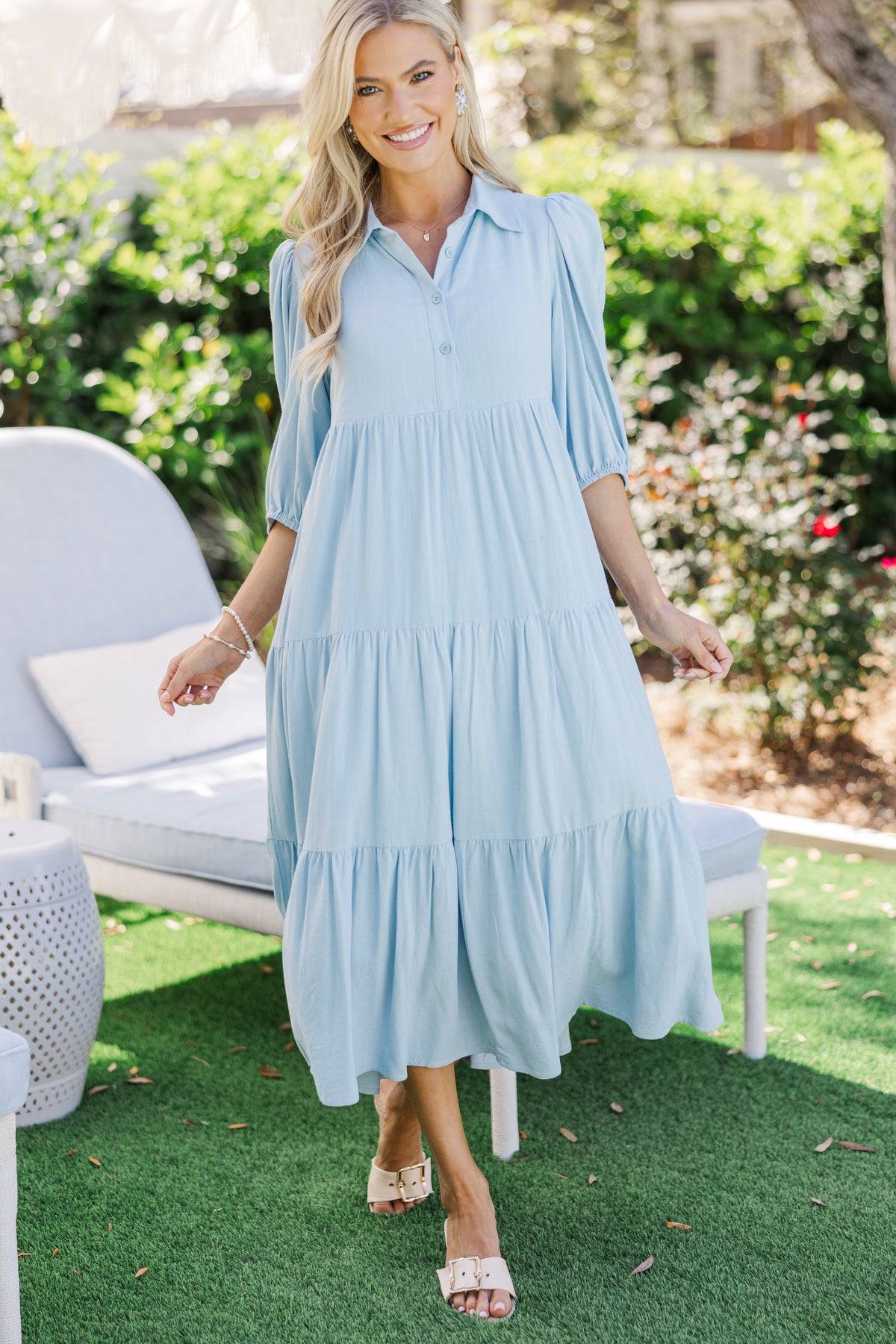 Love Found Light Blue Linen Tiered Midi Dress – Shop the Mint