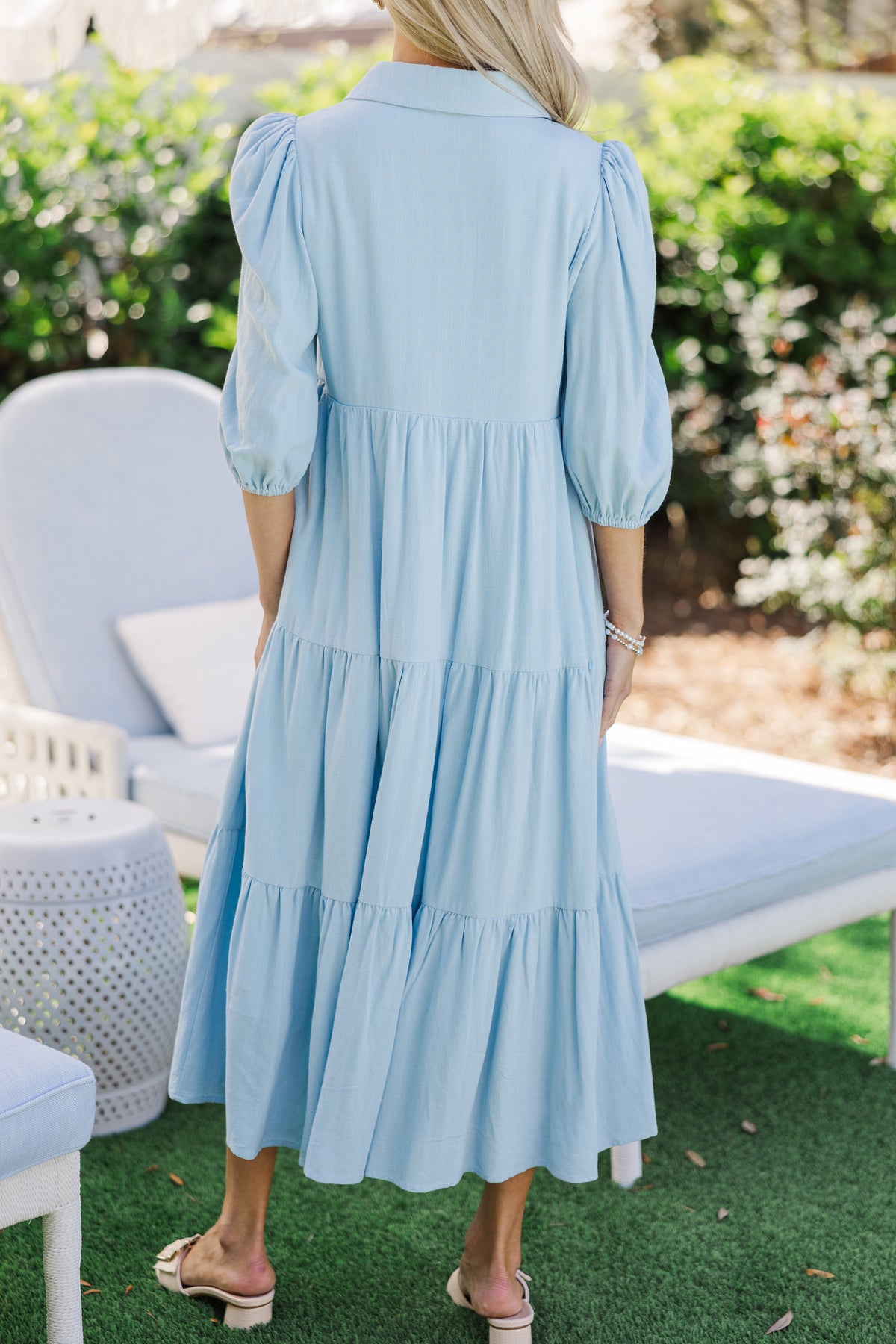 Love Found Light Blue Linen Tiered Midi Dress – Shop the Mint