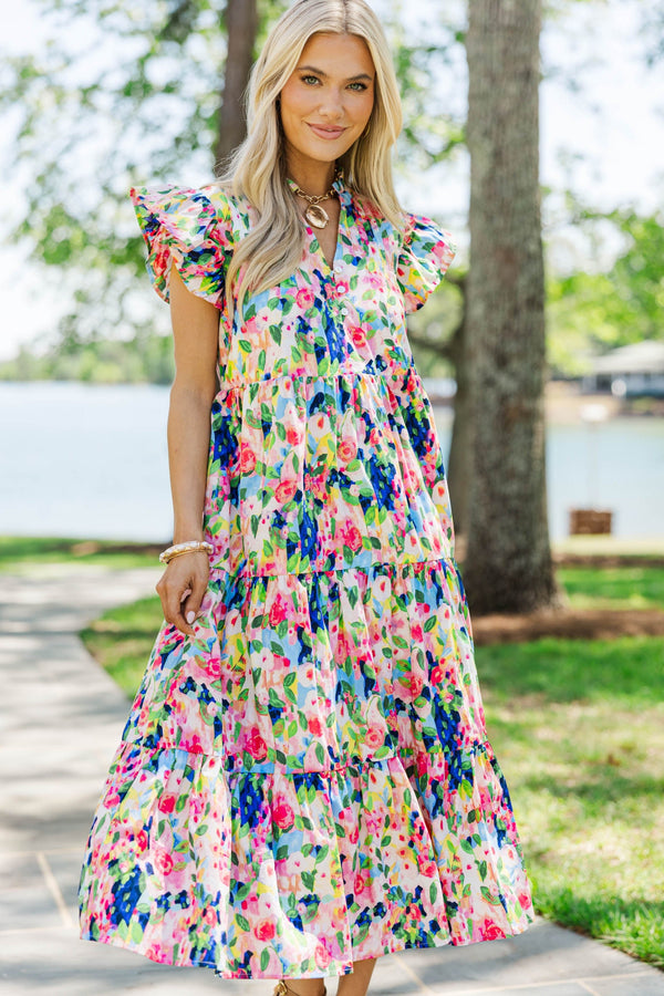 Real Love Blue Watercolor Floral Midi Dress