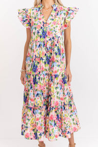 Real Love Blue Watercolor Floral Midi Dress