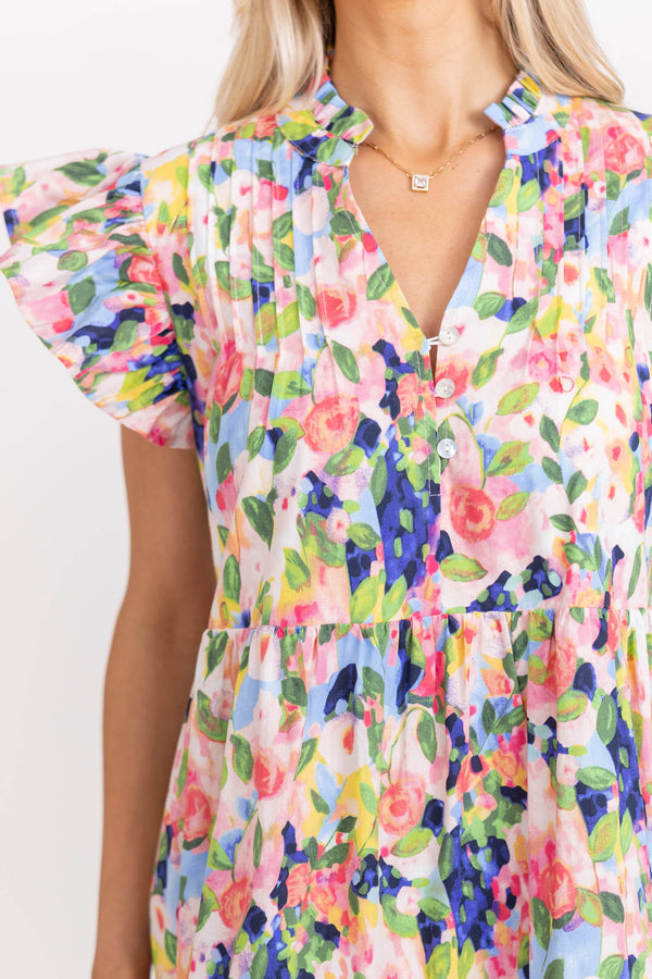 Real Love Blue Watercolor Floral Midi Dress