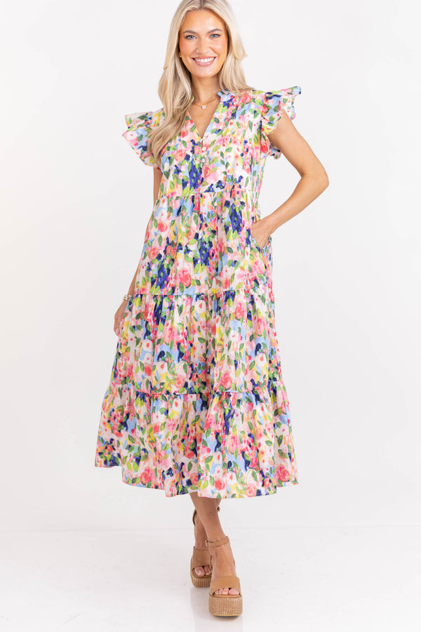 Real Love Blue Watercolor Floral Midi Dress
