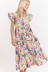 Real Love Blue Watercolor Floral Midi Dress