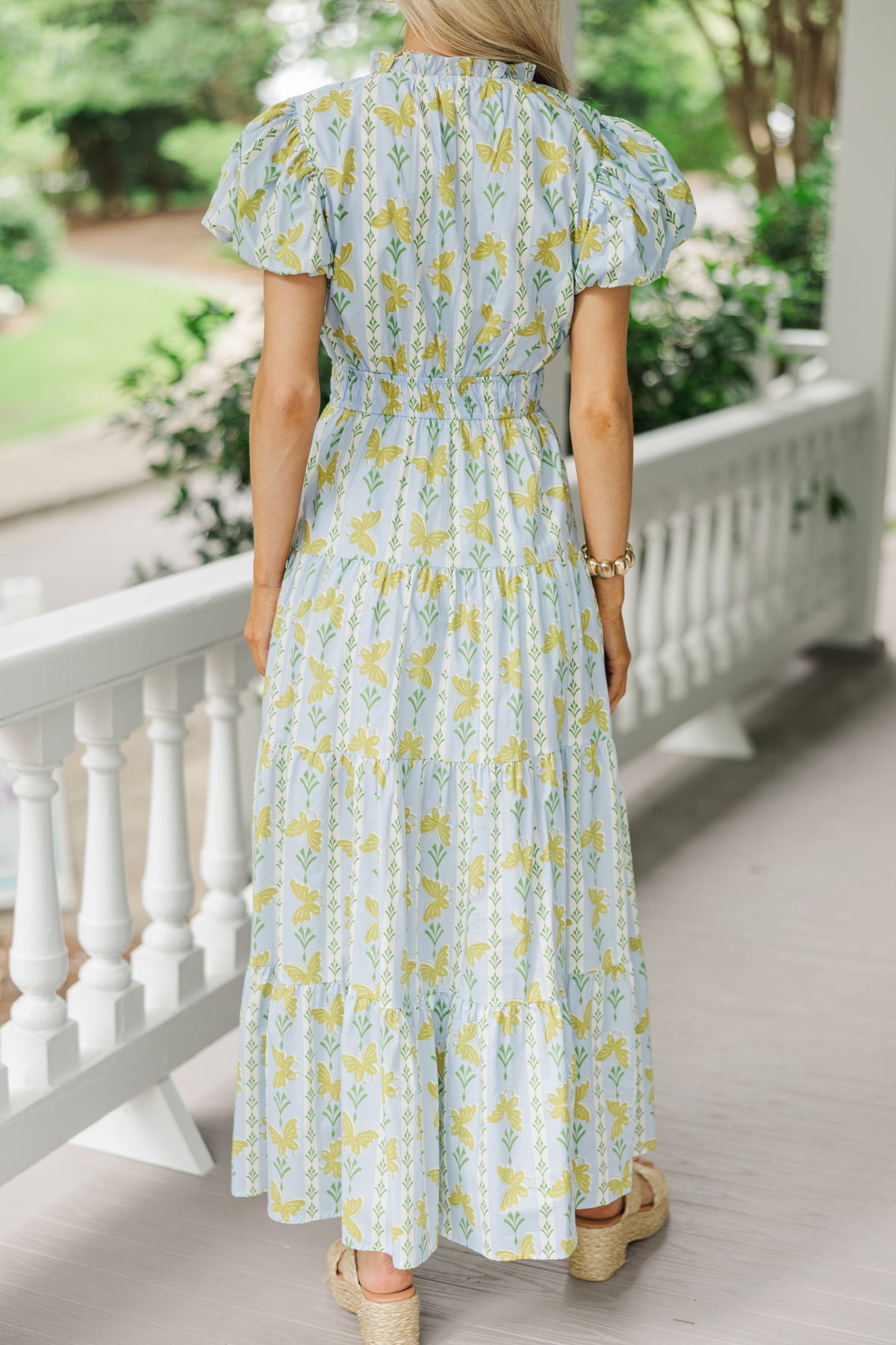 Flowy Blue Floral Dress w Back-tie - L