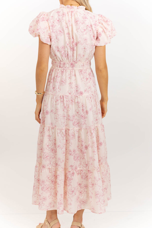 Coming Back For You Blush Toile Tiered Midi Dress