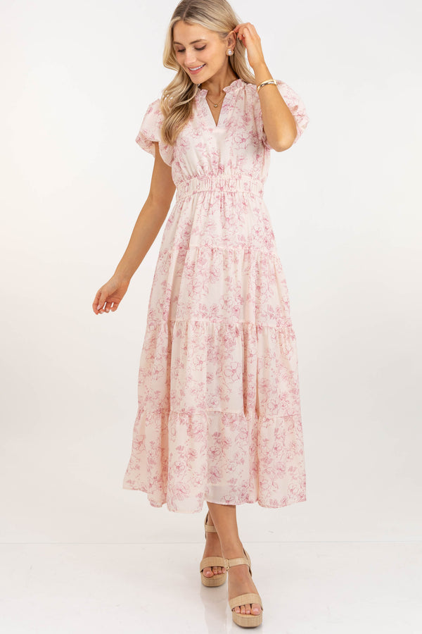 Coming Back For You Blush Toile Tiered Midi Dress