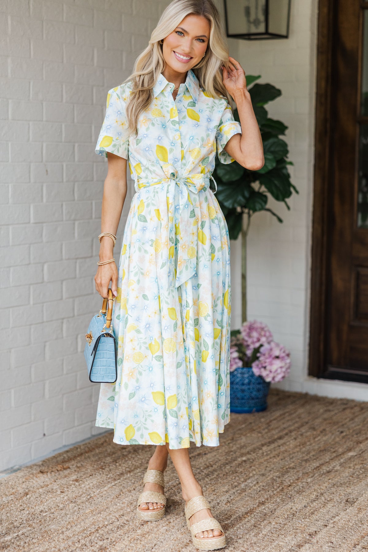 Make Me Feel Joy Light Blue Citrus Floral Midi Dress, Medium - The Mint Julep Boutique