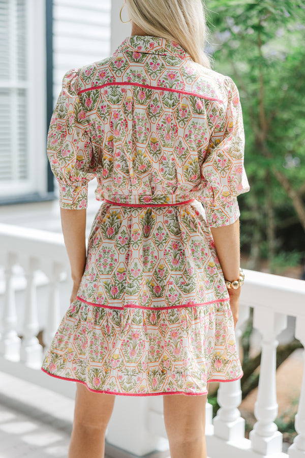 Orange Floral Printed Gathered Dress