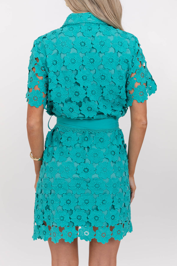 All Is Well Teal Green Crochet Dress, Medium - The Mint Julep Boutique