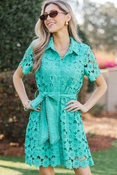 All Is Well Teal Green Crochet Dress, Medium - The Mint Julep Boutique