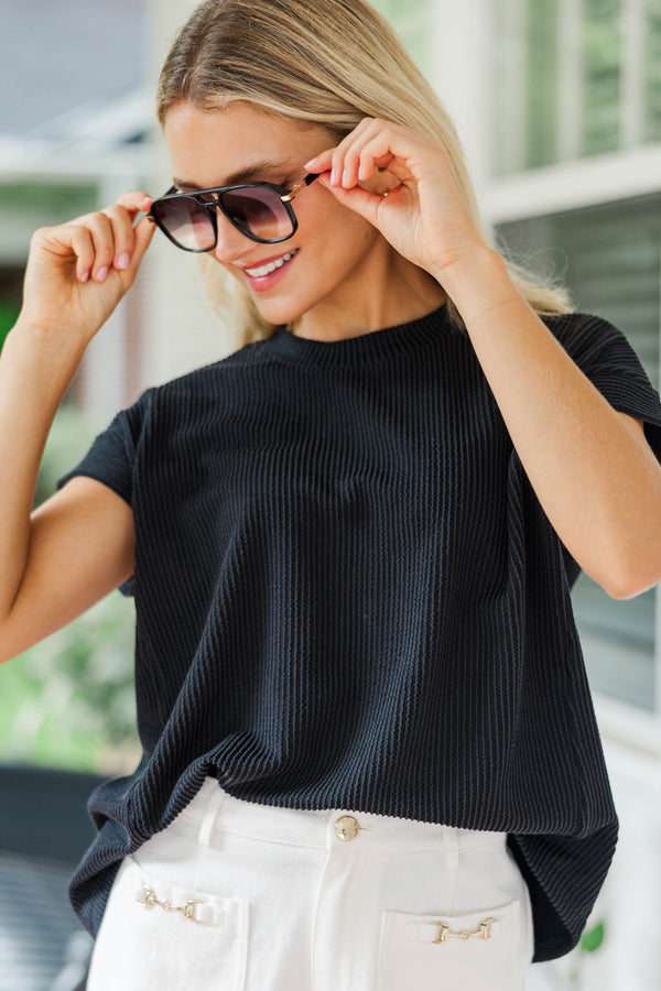 Catching On Black Ribbed Top