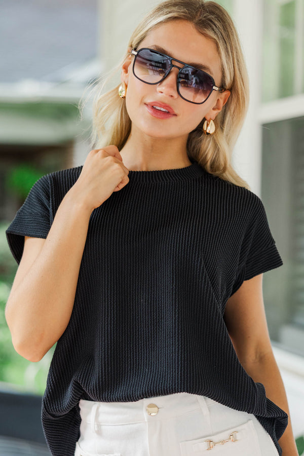 Catching On Black Ribbed Top