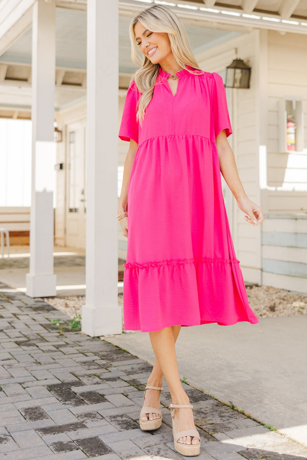 midi fuchsia cocktail dress The Isidora | Fuchsia Formal Dress Asymmetrical Neck A-Line Pleated Midi Dress
