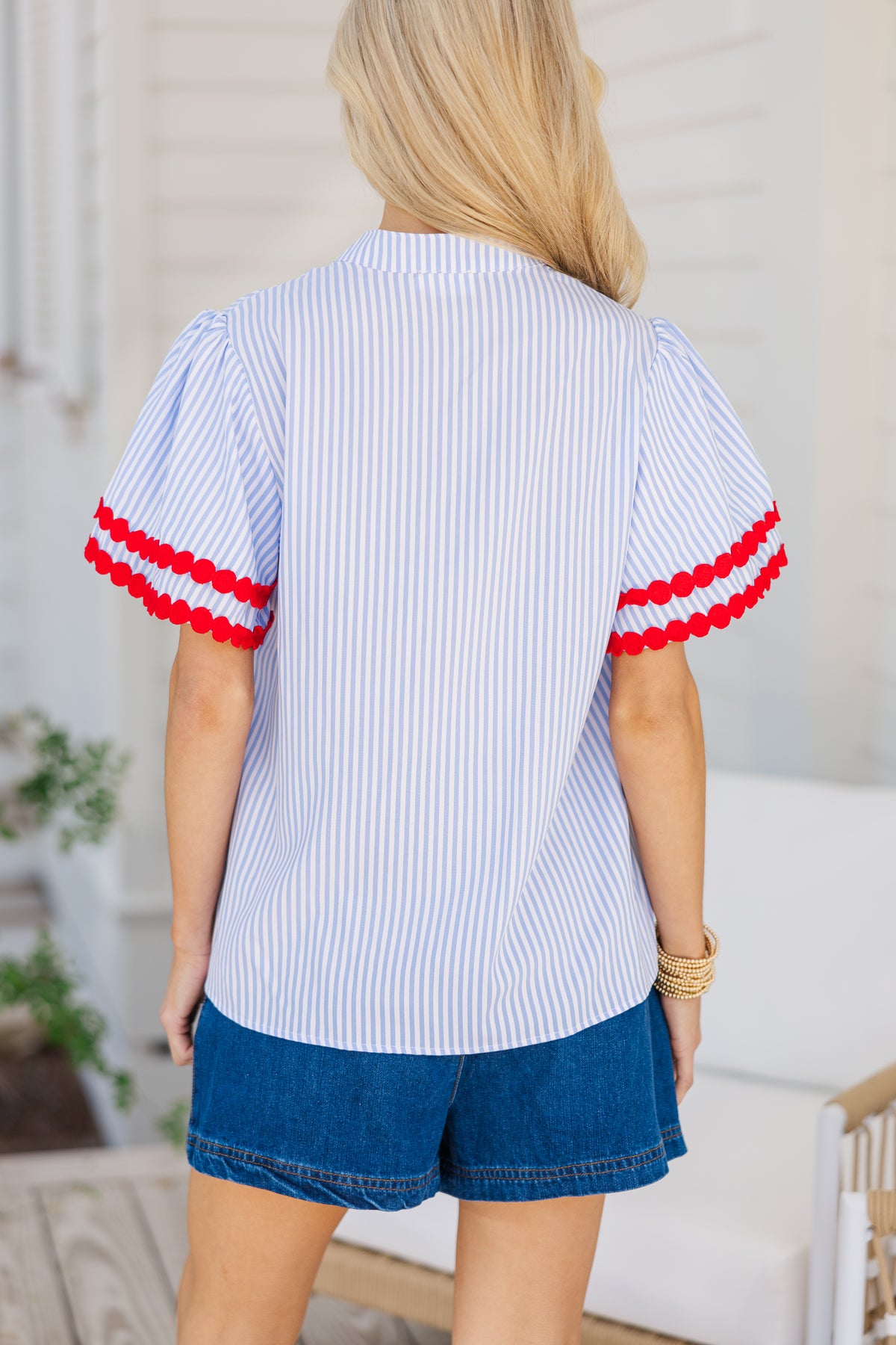 Free To Be You Light Blue & Red Rickrack Blouse – Shop the Mint