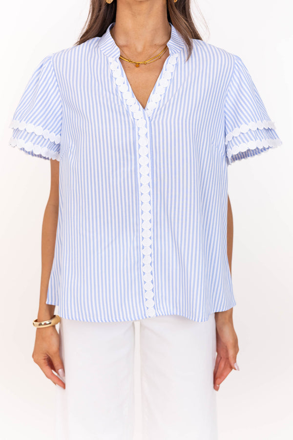 Free To Be You Light Blue & White Rickrack Blouse