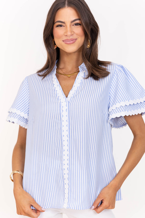 Free To Be You Light Blue & White Rickrack Blouse