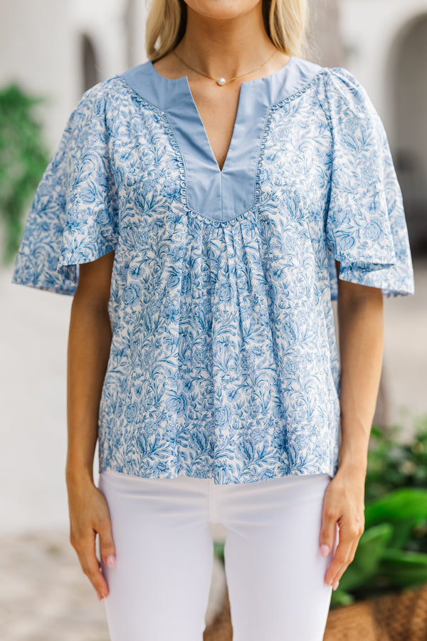 Just A Theory Blue Toile Blouse