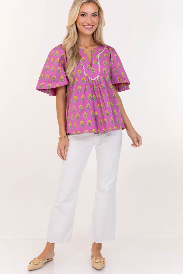 Just A Theory Fuchsia Medallion Blouse