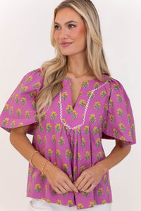 Just A Theory Fuchsia Medallion Blouse