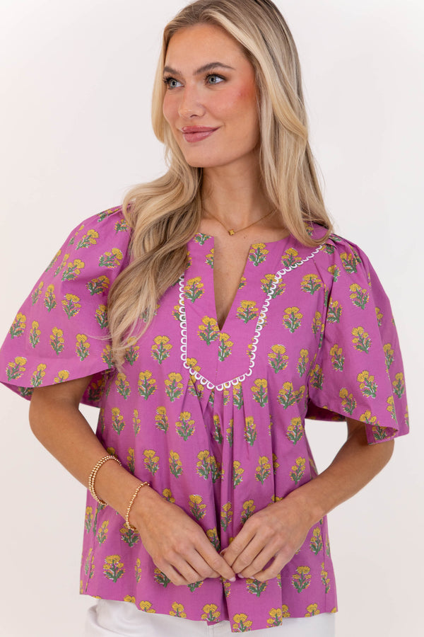 Just A Theory Fuchsia Medallion Blouse