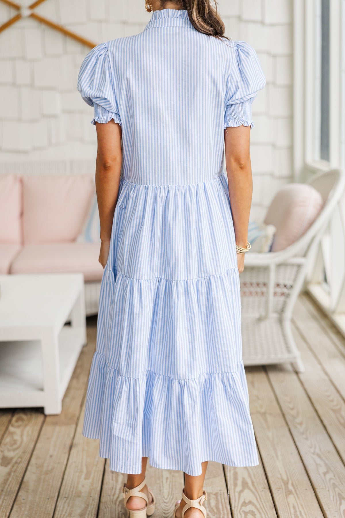 Let's Meet Later Striped Midi Dress - Blue