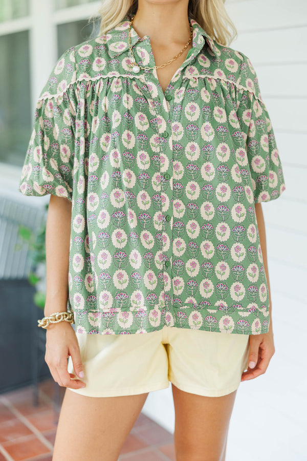 Better Than You Know Green Floral Medallion Puff Sleeve Blouse