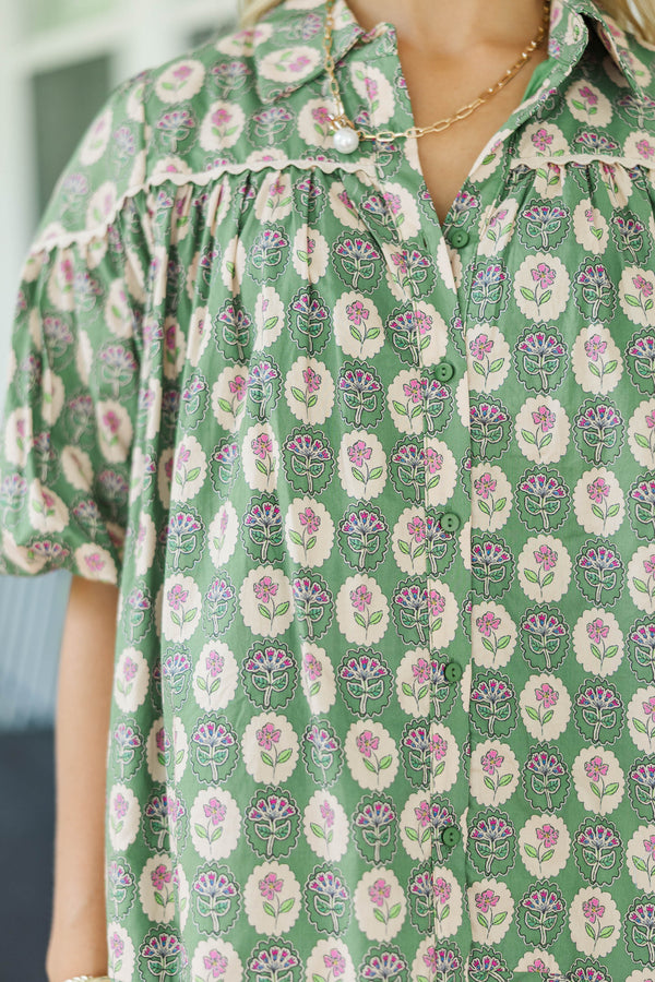 Better Than You Know Green Floral Medallion Puff Sleeve Blouse
