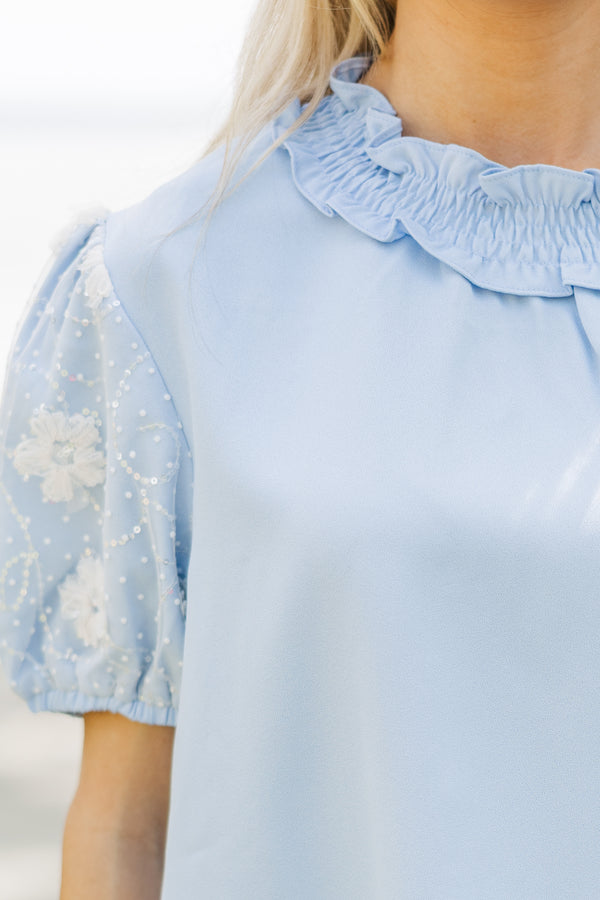 Stay Close Light Blue Textured Blouse