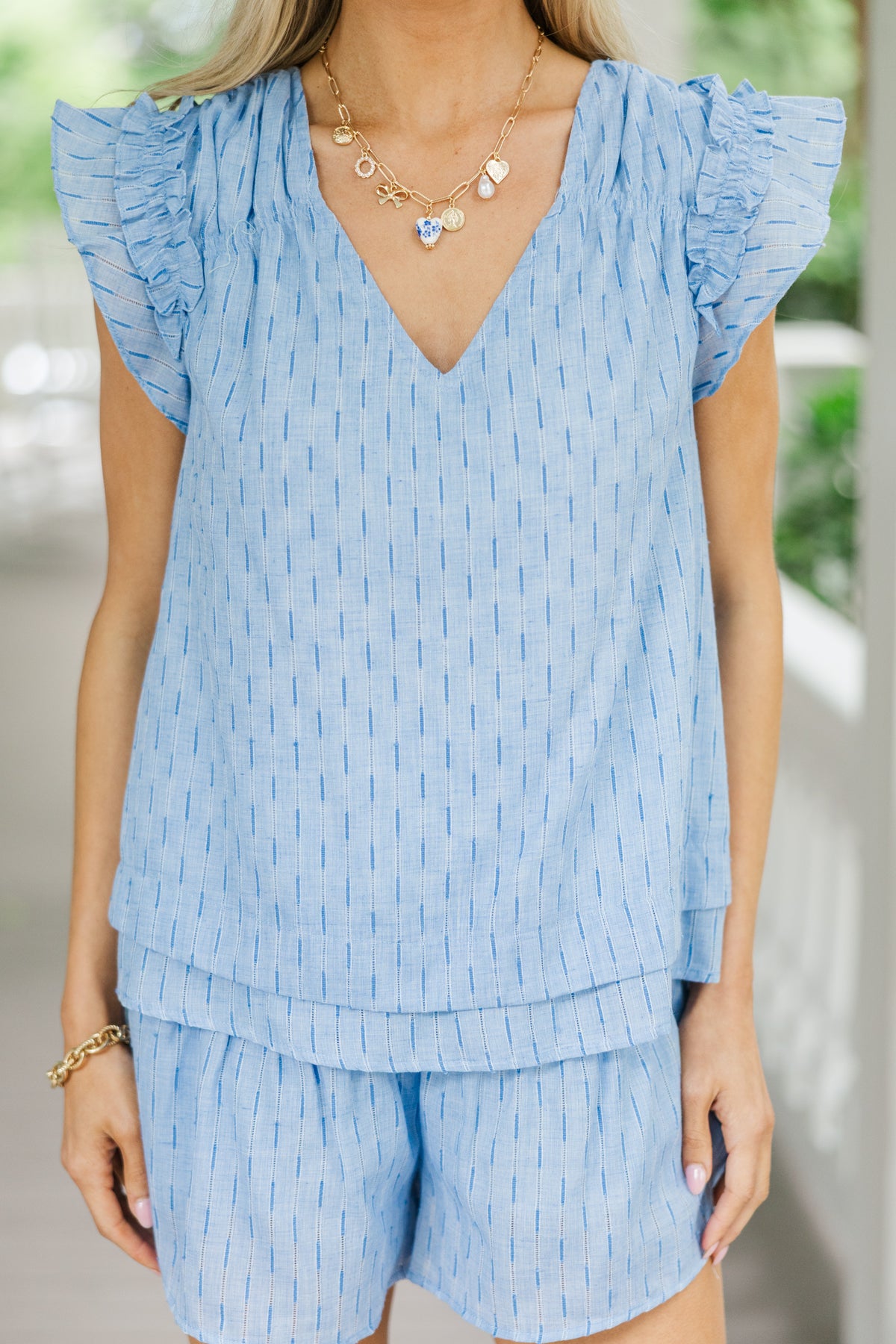 Blue Ruffle Set Stay A While Chambray Blue Ruffled Set – Shop the Mint