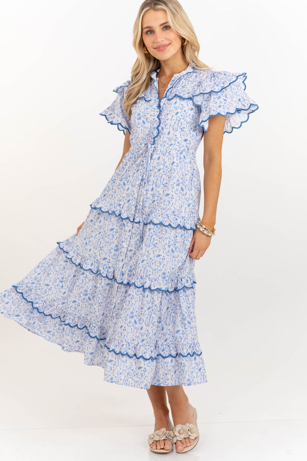 In The Air Light Blue Toile Midi Dress