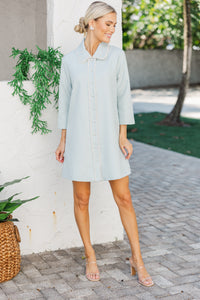 The Kindness Light Blue Pearl Embellished Button Down Dress