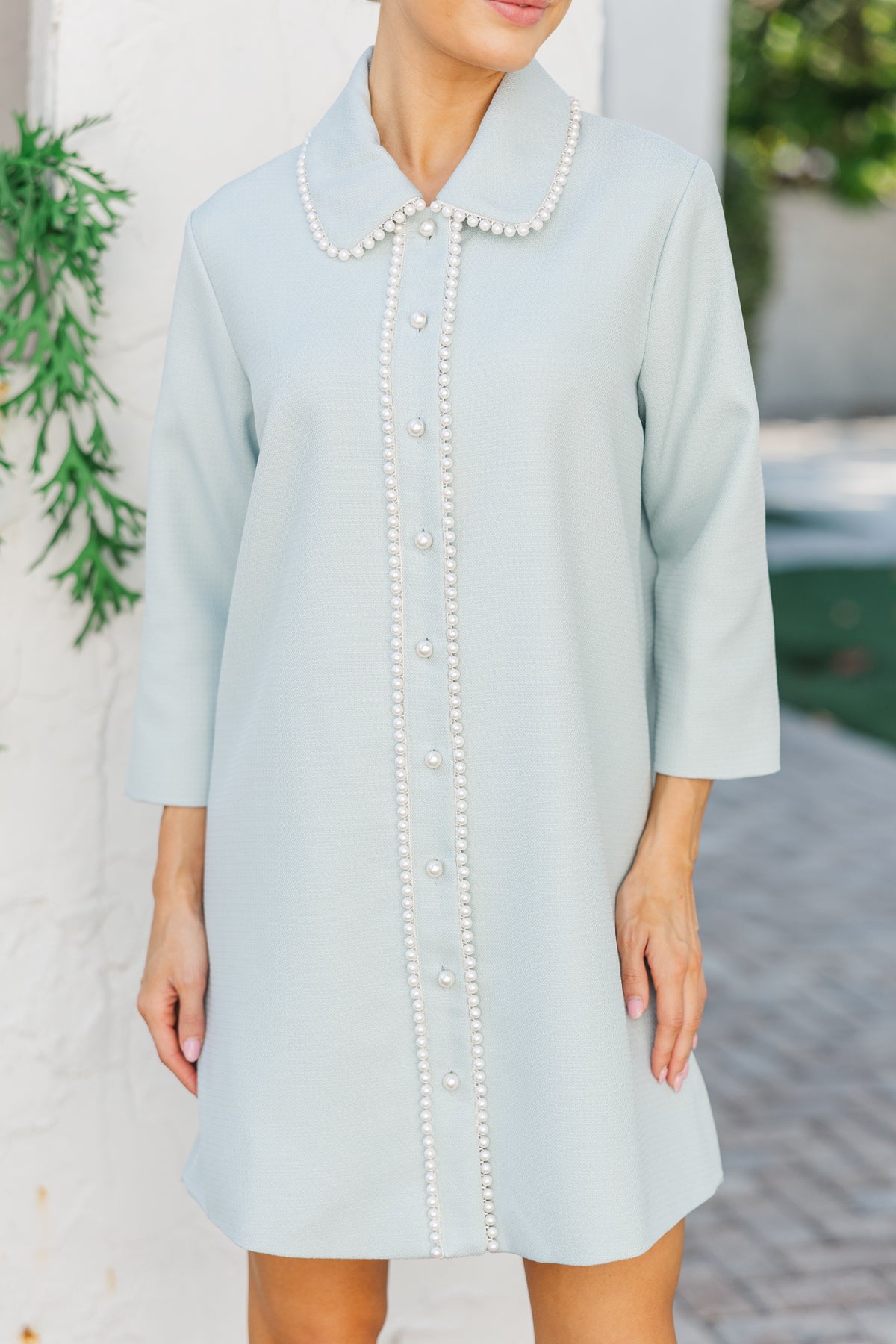The Kindness Light Blue Pearl Embellished Button Down Dress, Medium - The Mint Julep Boutique | Women's Boutique Clothing