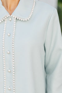 The Kindness Light Blue Pearl Embellished Button Down Dress