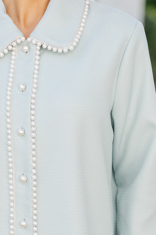 The Kindness Light Blue Pearl Embellished Button Down Dress