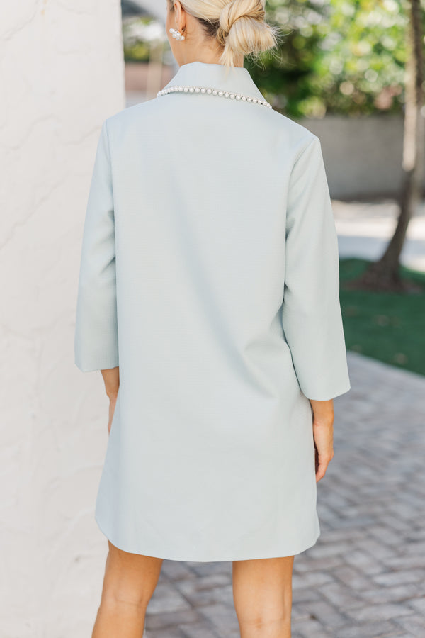 The Kindness Light Blue Pearl Embellished Button Down Dress