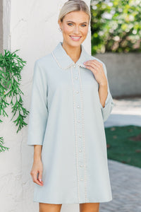 The Kindness Light Blue Pearl Embellished Button Down Dress