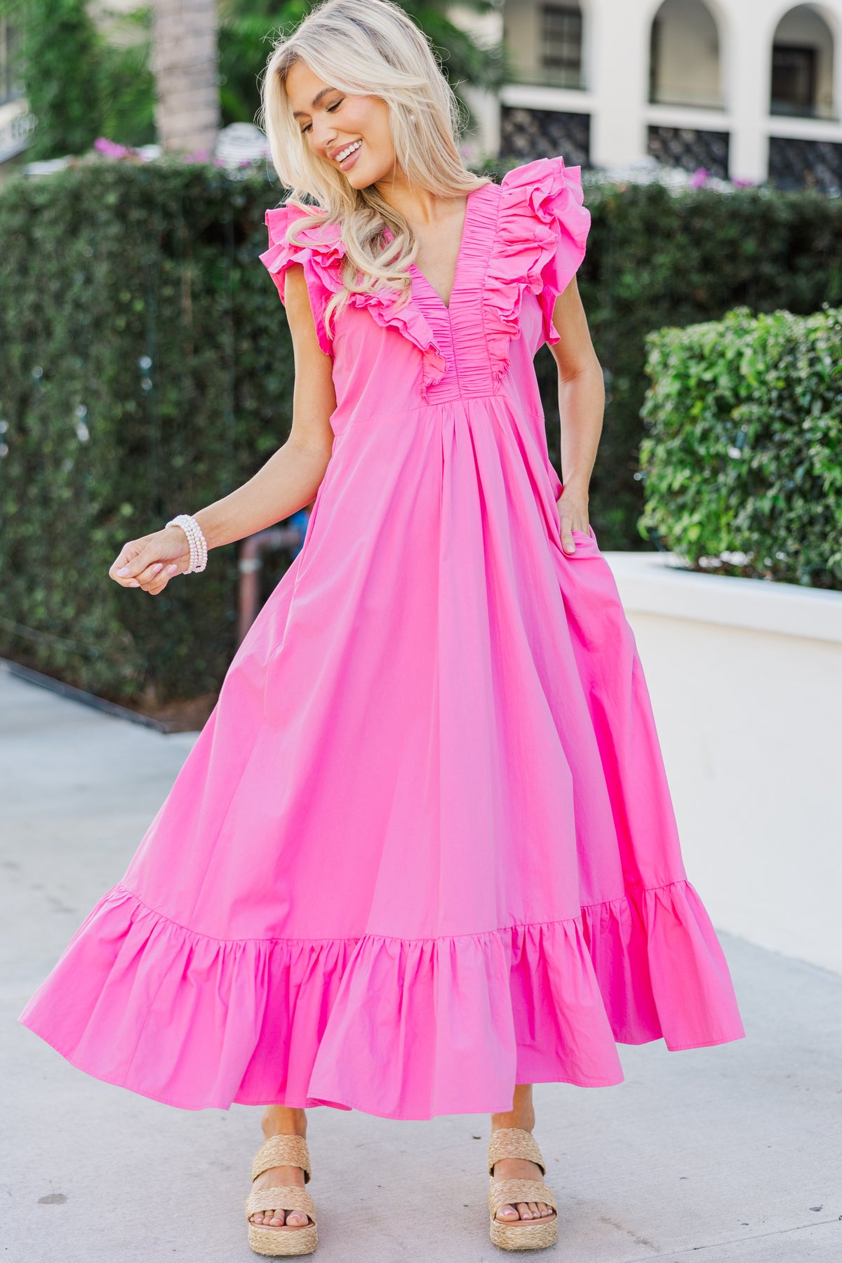 The Creative Pink Ruffled Midi Dress – Shop the Mint