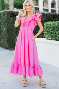The Creative Pink Ruffled Midi Dress