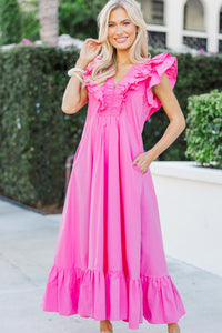 The Creative Pink Ruffled Midi Dress